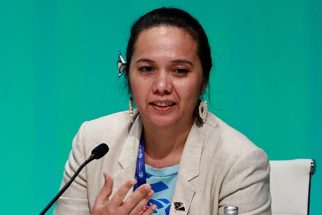 <p>Climate Envoy for the Marshall Islands Tina Stege speaks during a press conference at Cop28 on 11 December in Dubai</p>